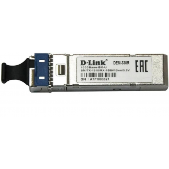SFP-трансивер с 1 портом D-Link 330R/10KM/A1B WDM 1000Base-BX-U (Tx:1310 нм, Rx:1550 нм) для одномодового оптического кабеля (до 10 км, разъем Simplex LC)